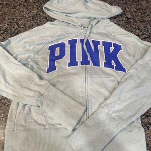 PINK Light Blue Hoodie with Dark Blue Lettering